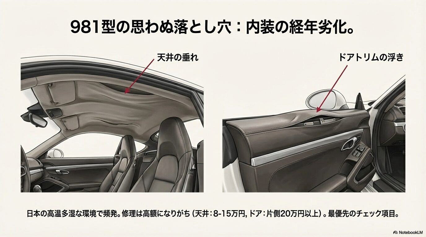 ポルシェ・ケイマン981型で頻発する天井の垂れとドアトリムの浮きの実際のイメージと修理費用