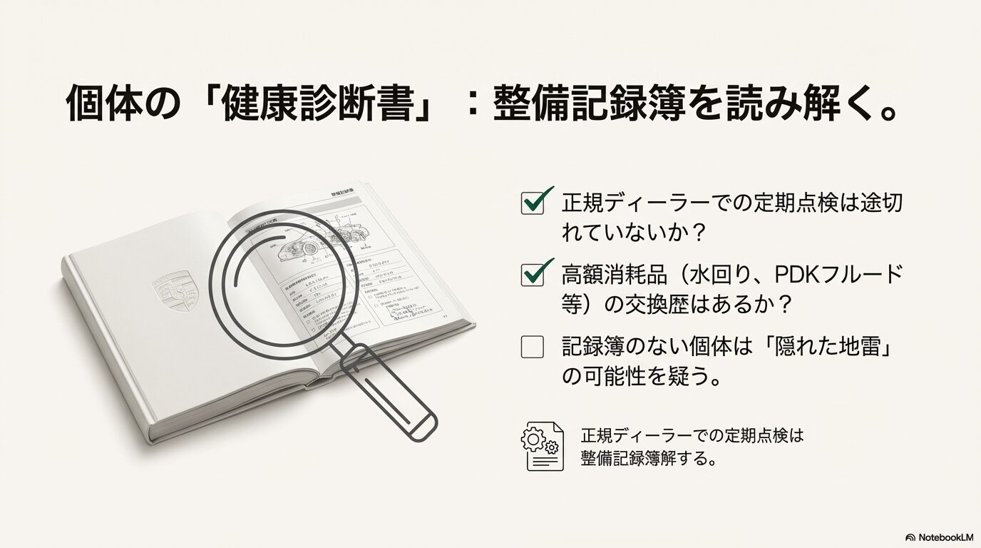 ポルシェの整備記録簿で定期点検や水回り・PDKフルードの交換歴をチェックするための確認リスト