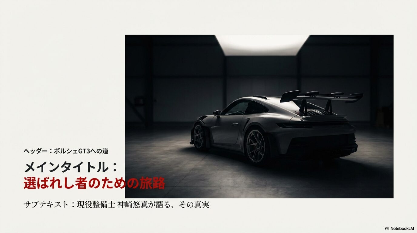 ポルシェGT3のリアビュー画像と「選ばれし者のための旅路」というタイトルのスライド