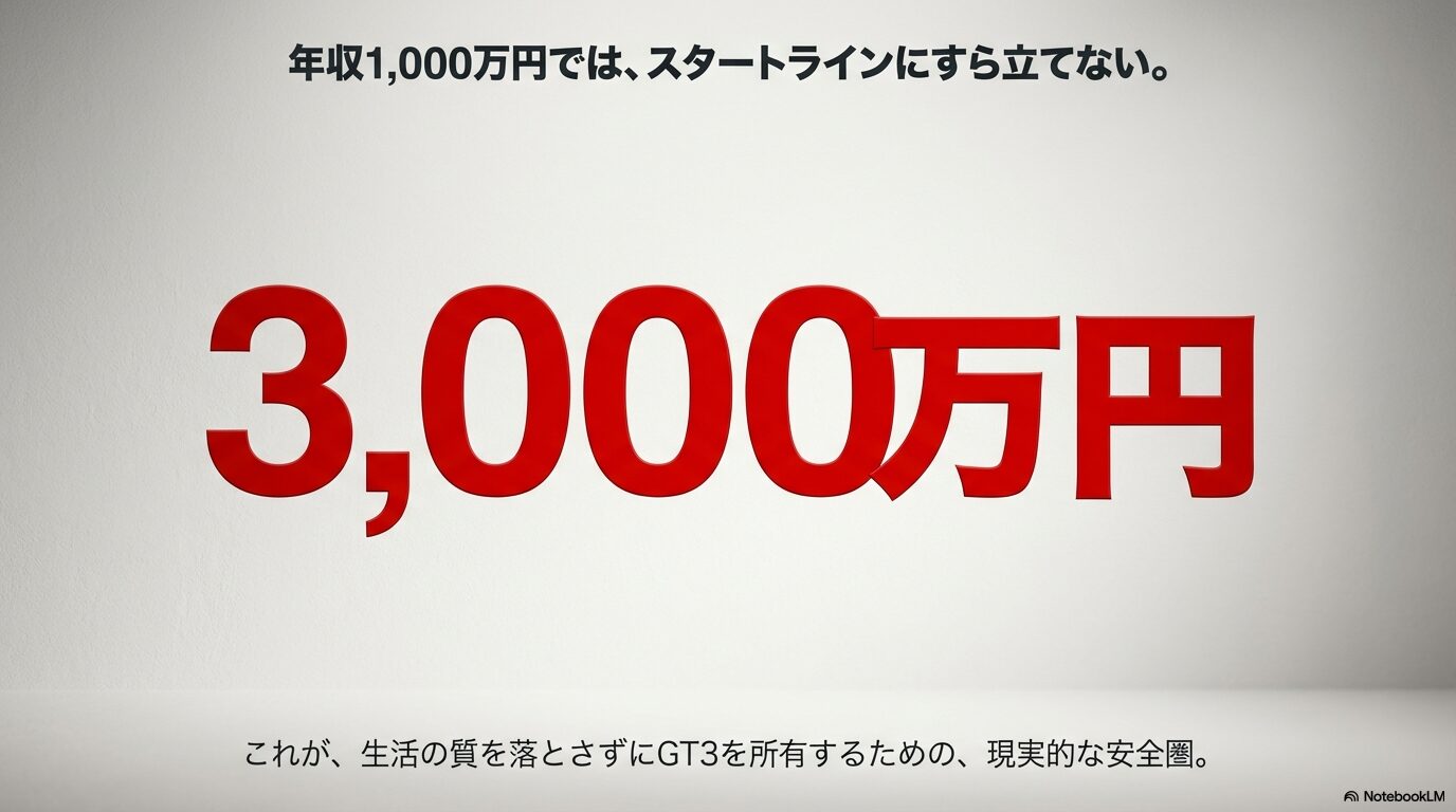 GT3所有の安全圏は年収3,000万円以上であり、1,000万円ではスタートラインに立てないことを示すスライド