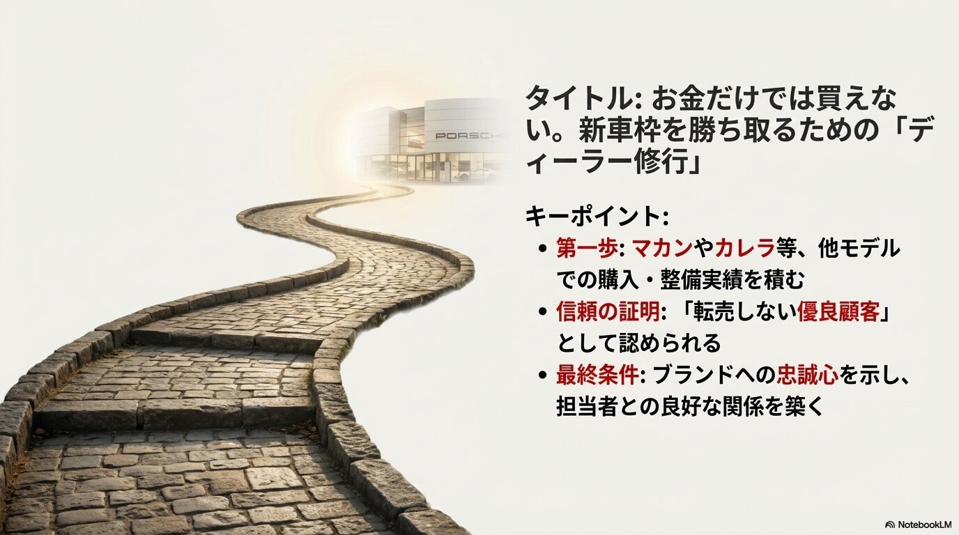 他モデルの購入実績を積み、転売しない優良顧客として信頼を築くプロセスを解説したスライド