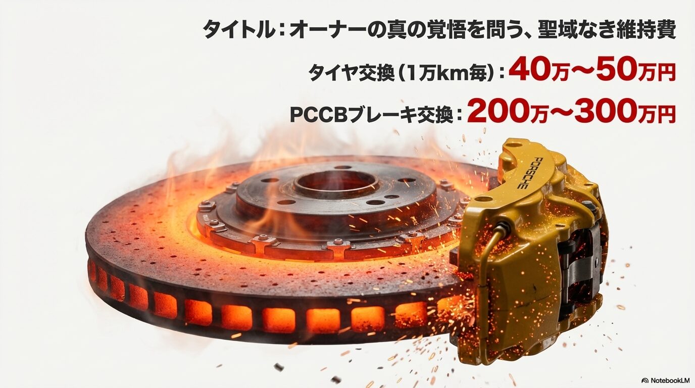 真っ赤に焼けたブレーキローターの画像と、タイヤ交換40〜50万円、PCCB交換200〜300万円という高額な維持費を示すスライド