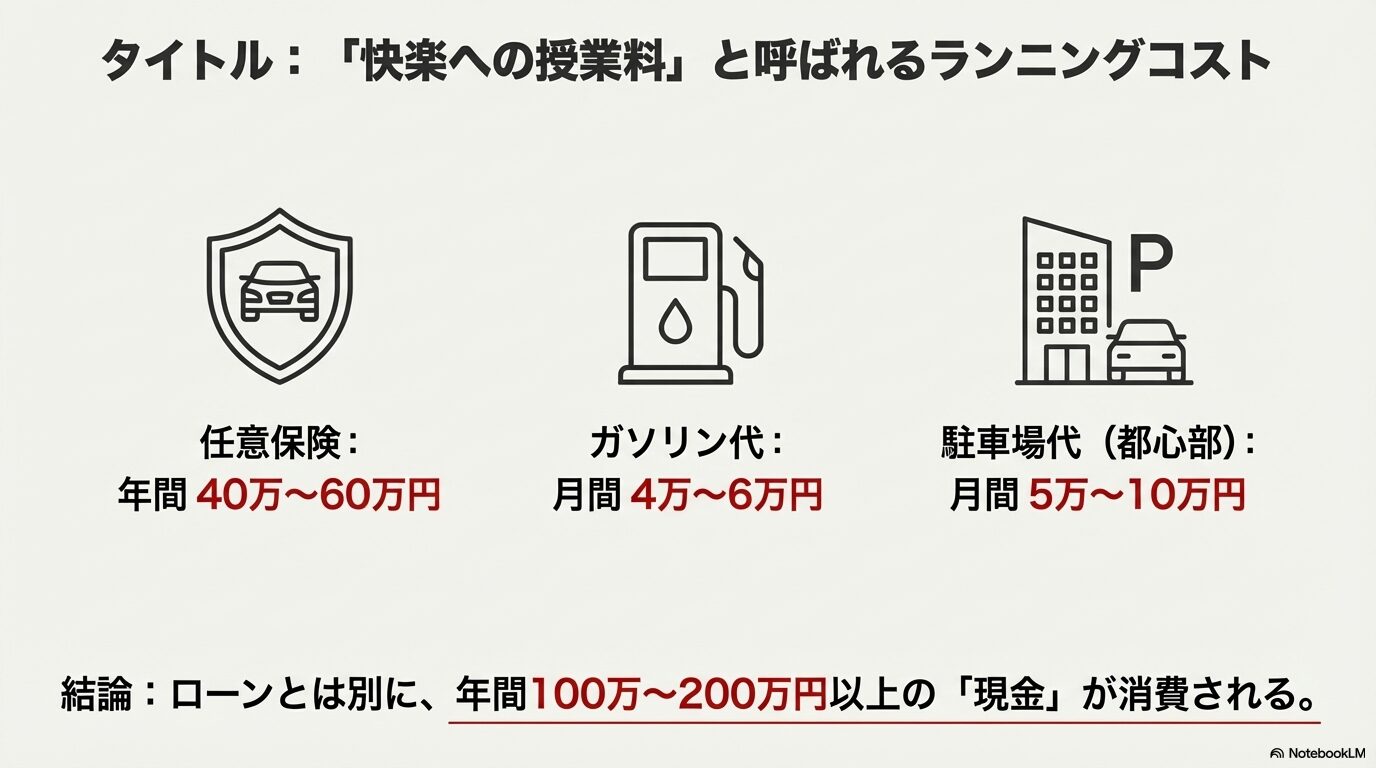 任意保険、ガソリン代、駐車場代の合計で、ローン以外に年間100万〜200万円以上の現金が必要であることを示すスライド