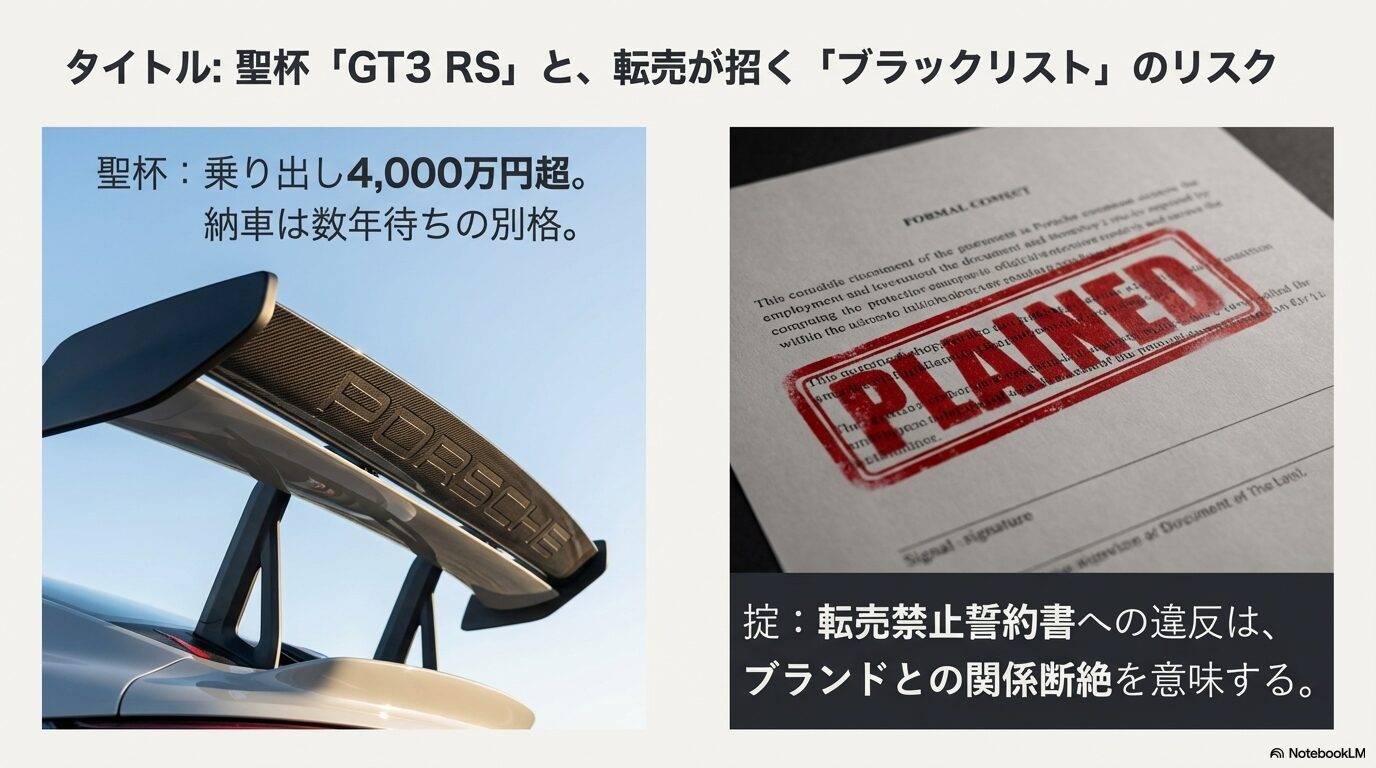 乗り出し4,000万円超のGT3 RSと、転売禁止誓約書に違反するとブラックリスト入りするリスクを警告するスライド