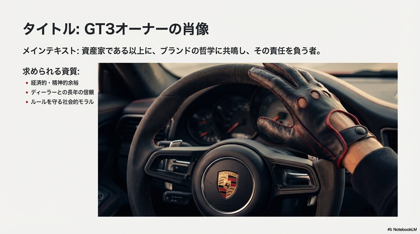 ハンドルを握る手の画像と、経済的余裕だけでなく社会的モラルやブランドへの共鳴が求められることを示すスライド