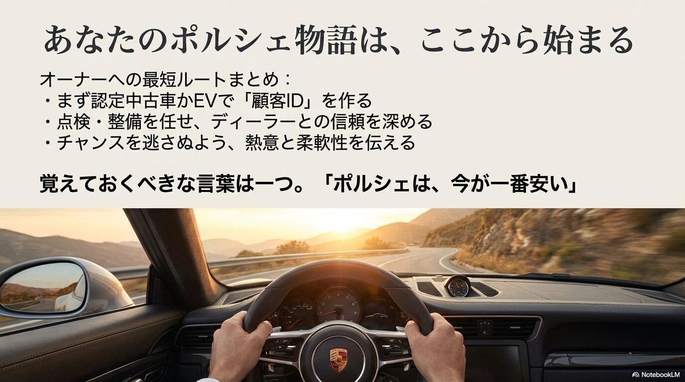 顧客IDの作成、信頼の深化、熱意の伝達というポルシェオーナーになるためのまとめスライド