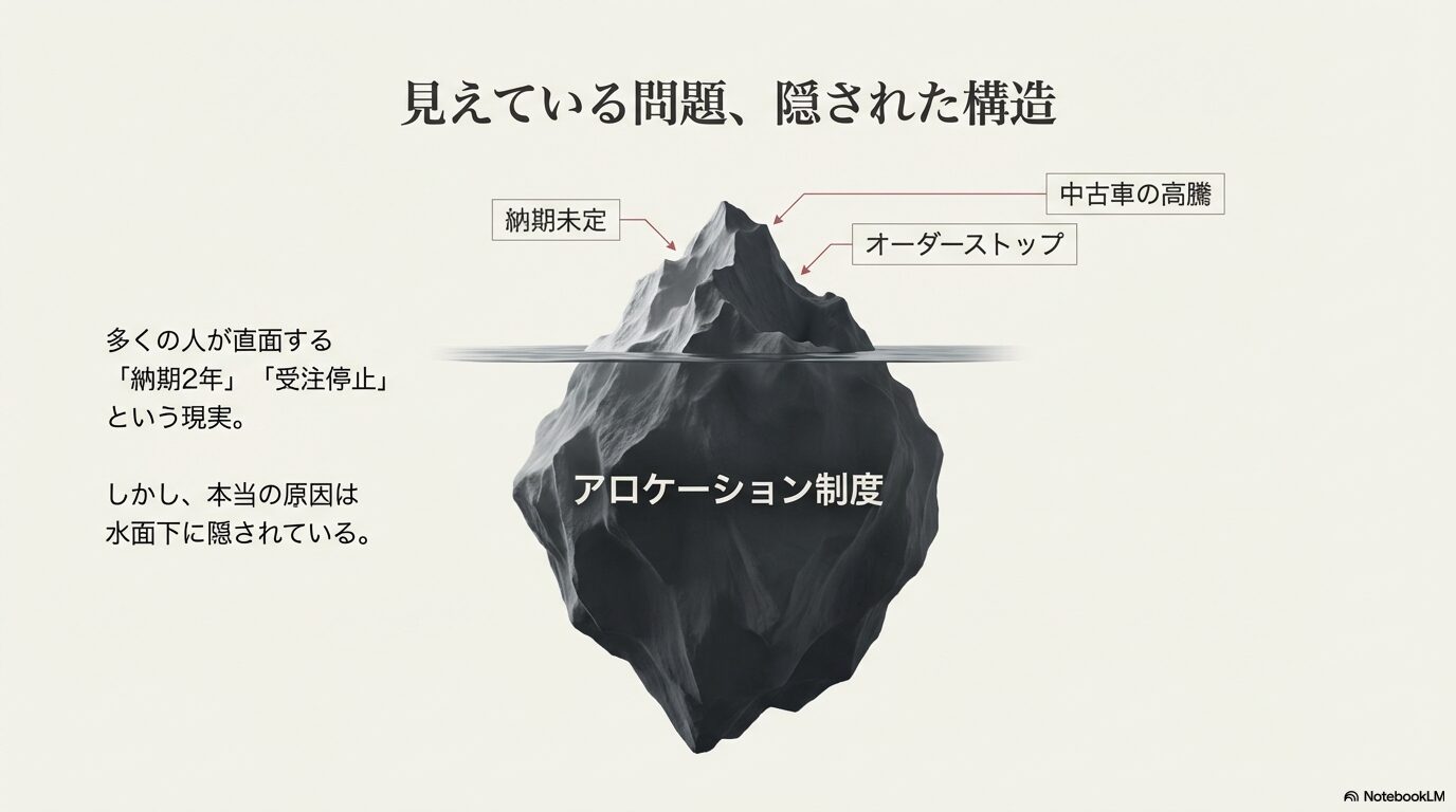 納期遅延や受注停止は氷山の一角であり、水面下にアロケーション制度という根本原因があることを示す図解