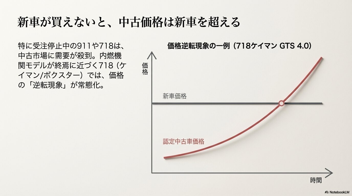 718ケイマンの認定中古車価格が時間の経過とともに新車価格を超えていく価格逆転現象を示すグラフ
