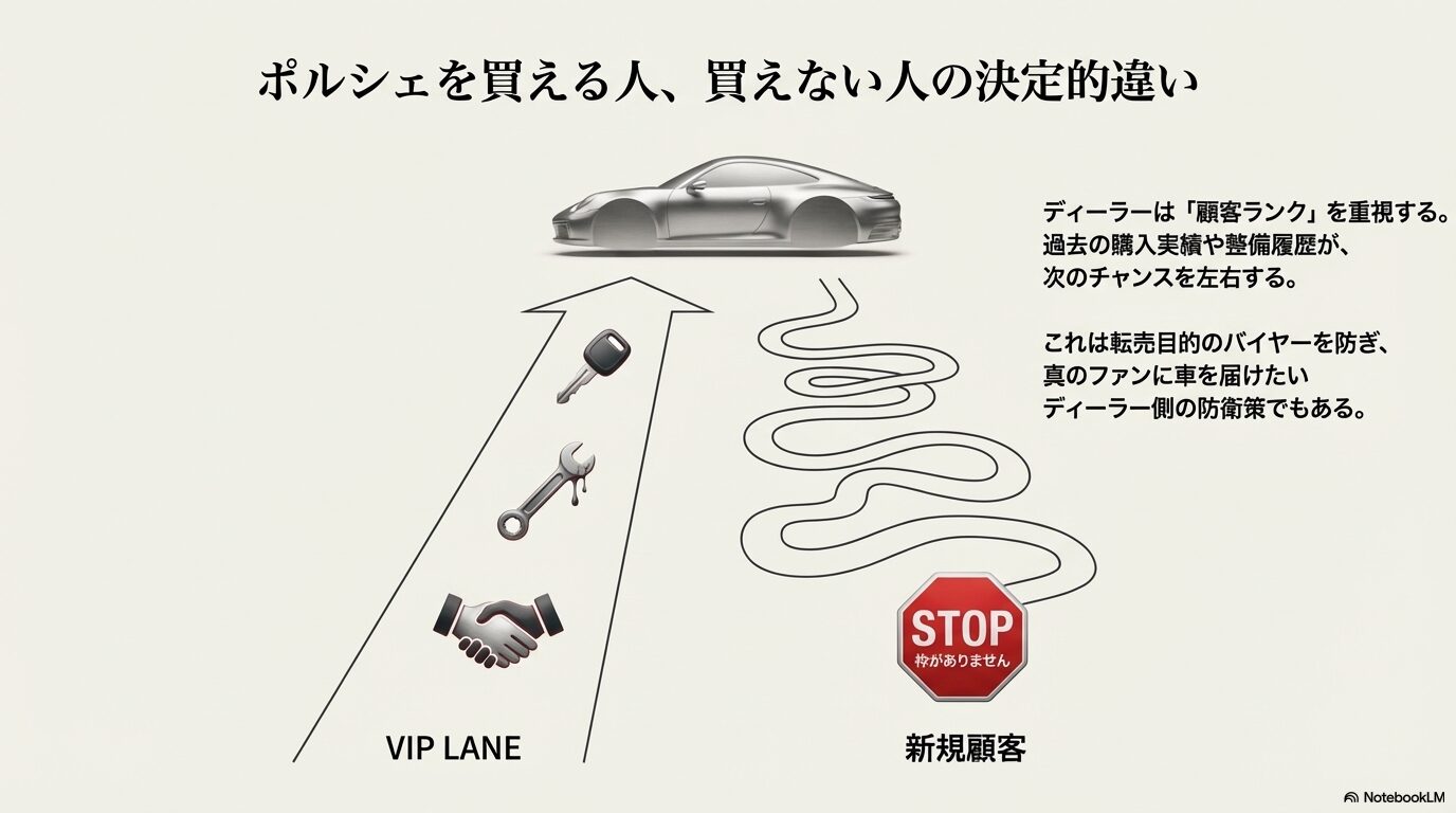 実績のあるVIP顧客は優先的に車を買えるが、新規顧客は枠がないと断られる現状を示すイラスト