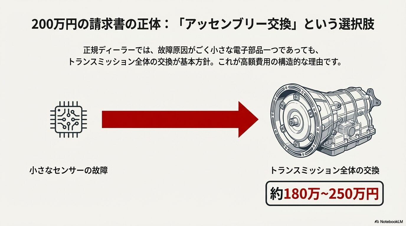小さな部品故障でもトランスミッション全体の交換が必要になる正規ディーラーの基本方針と約180万〜250万円の費用解説