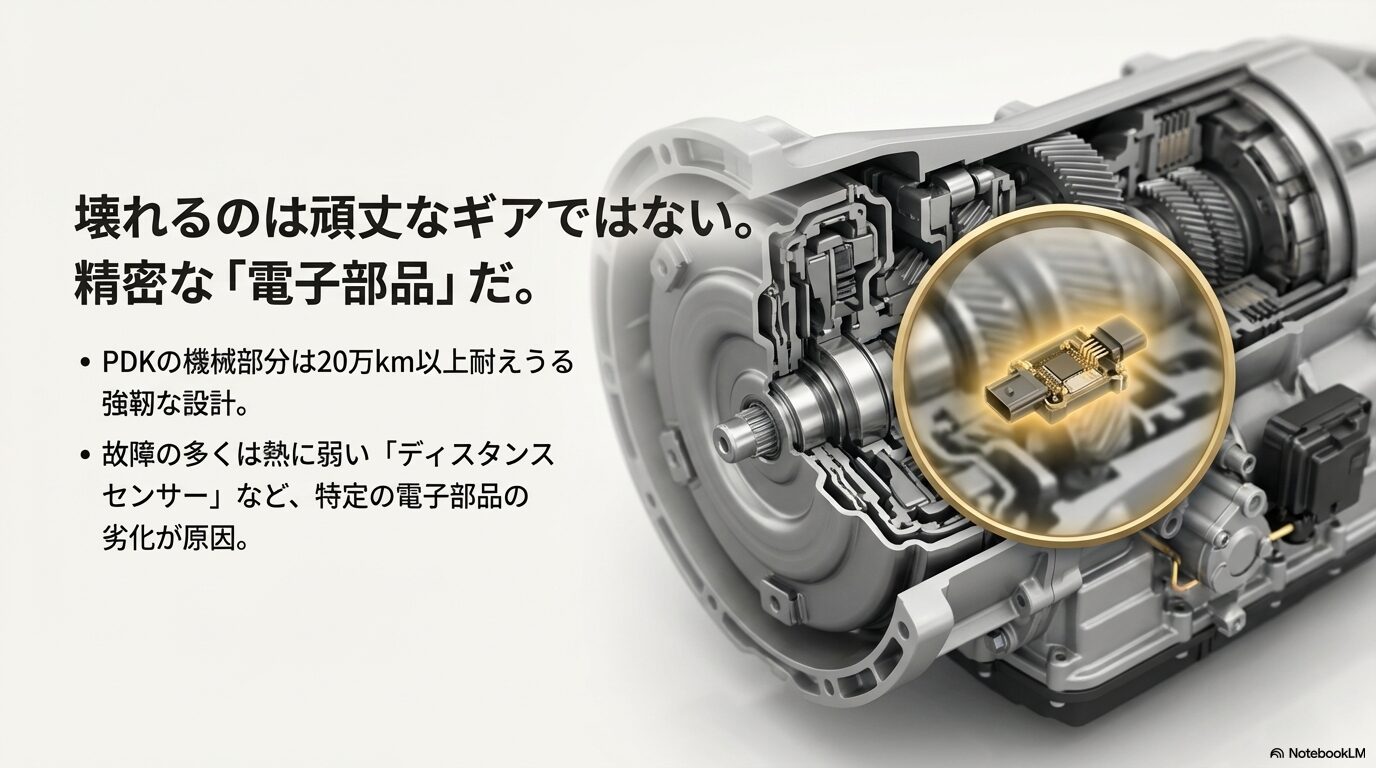 PDKの機械部分は20万km以上耐えられる強靭な設計だが、故障の多くはディスタンスセンサー等の電子部品劣化が原因であることを示す図解