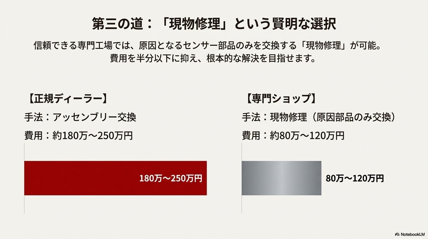 正規ディーラーの全体交換(180万〜250万円)と専門ショップの現物修理(80万〜120万円)の費用・手法を比較したグラフ