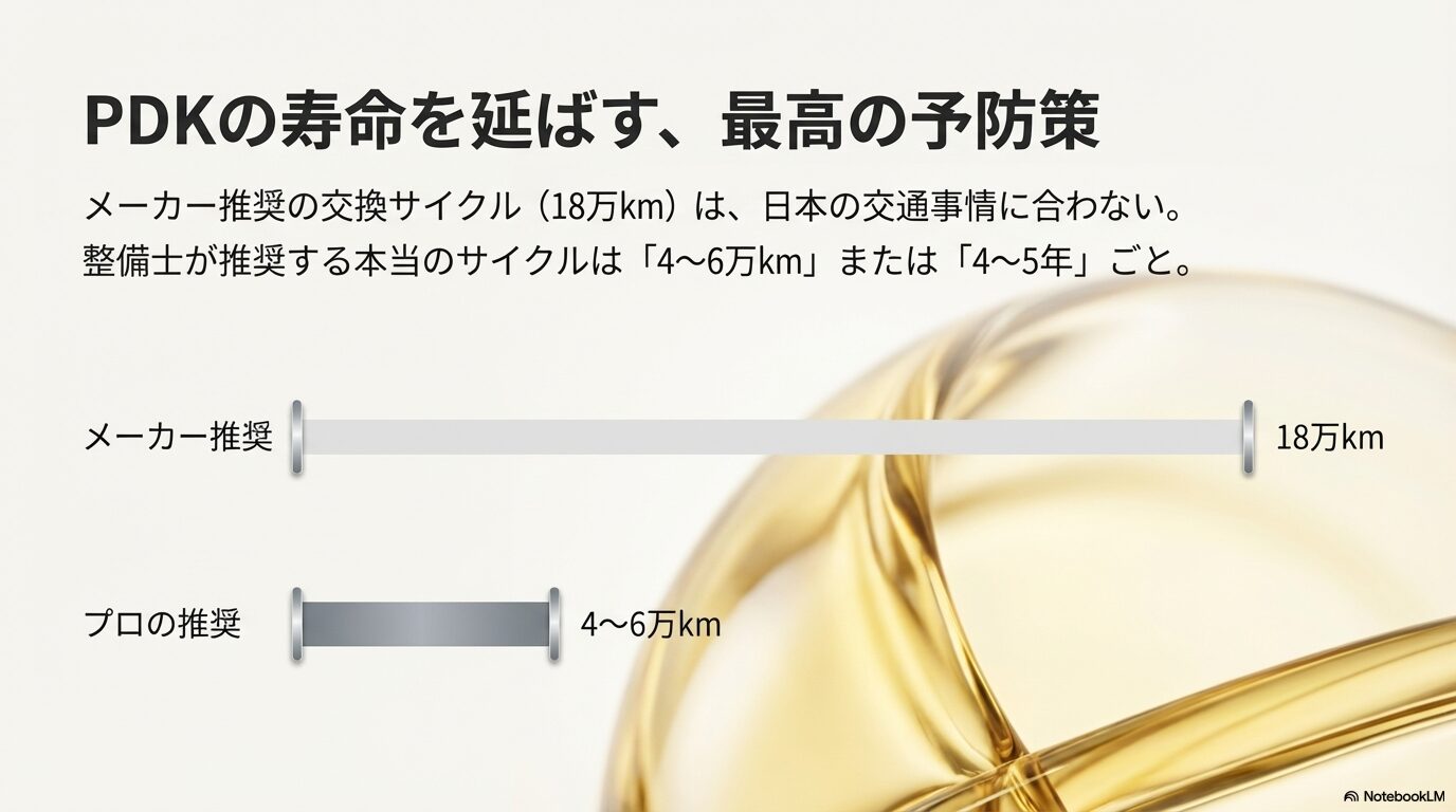 メーカー推奨の18万kmに対し、日本の環境を考慮した整備士推奨サイクル4〜6万kmを比較したスライド