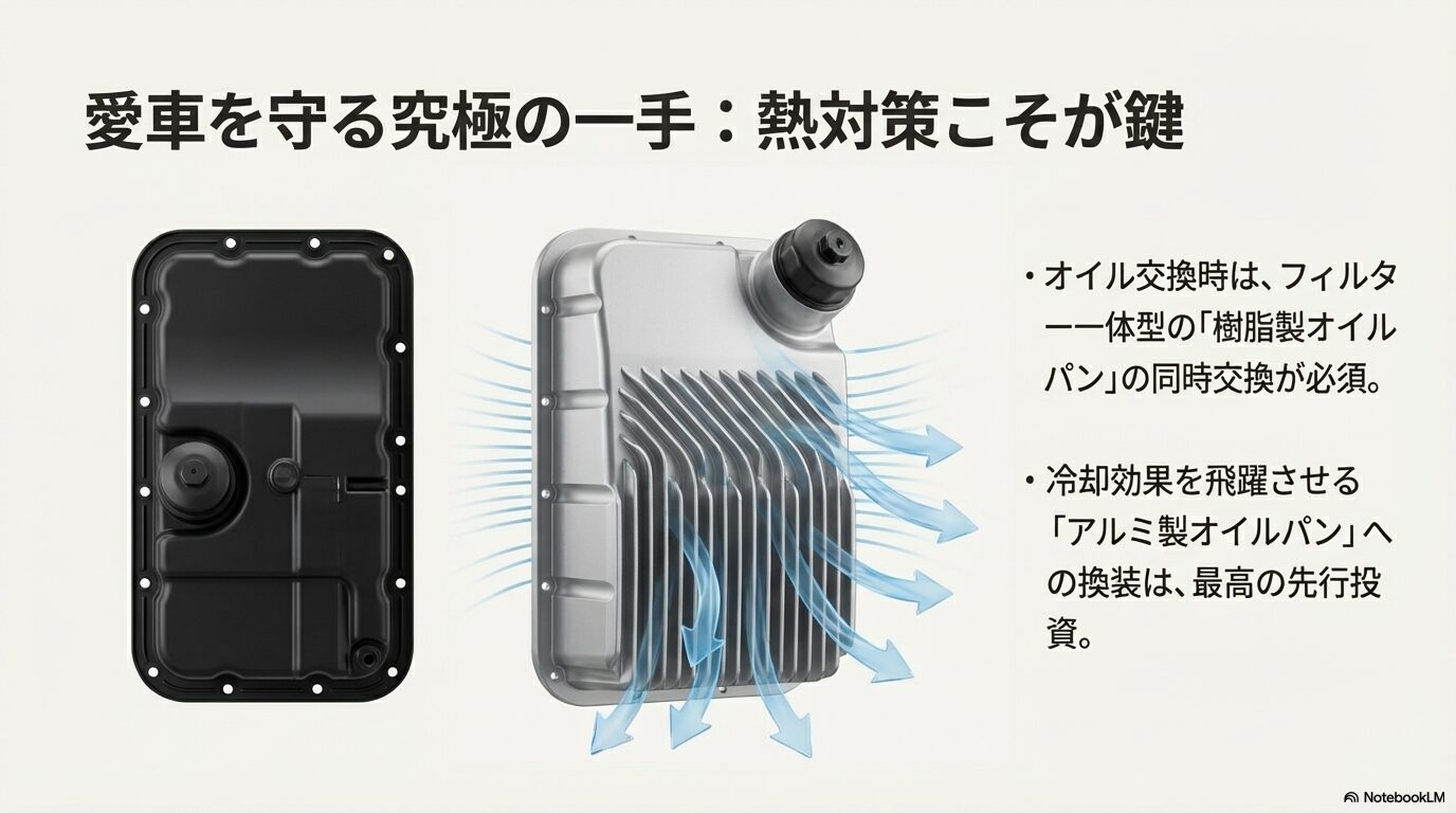 純正の樹脂製オイルパンと冷却効率を飛躍的に高めるアルミ製オイルパンの図解比較