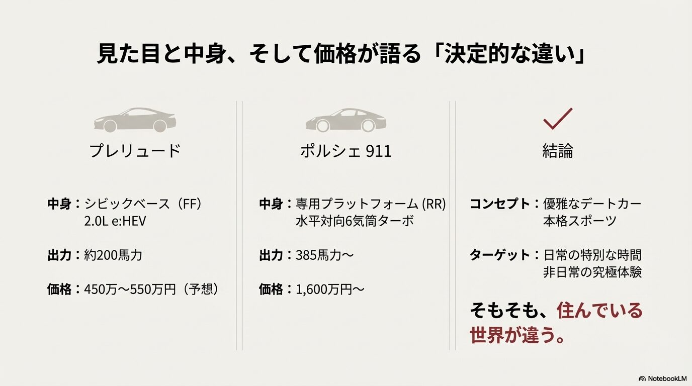 ホンダプレリュードとポルシェ911のスペック・価格・ターゲット層の比較データ一覧