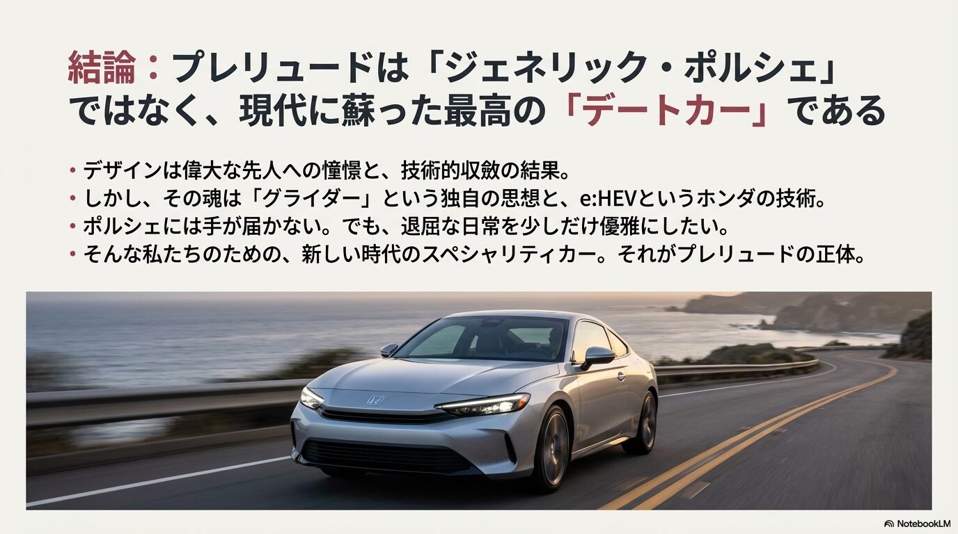 海沿いを走る新型プレリュードと大人のデートカーというコンセプト