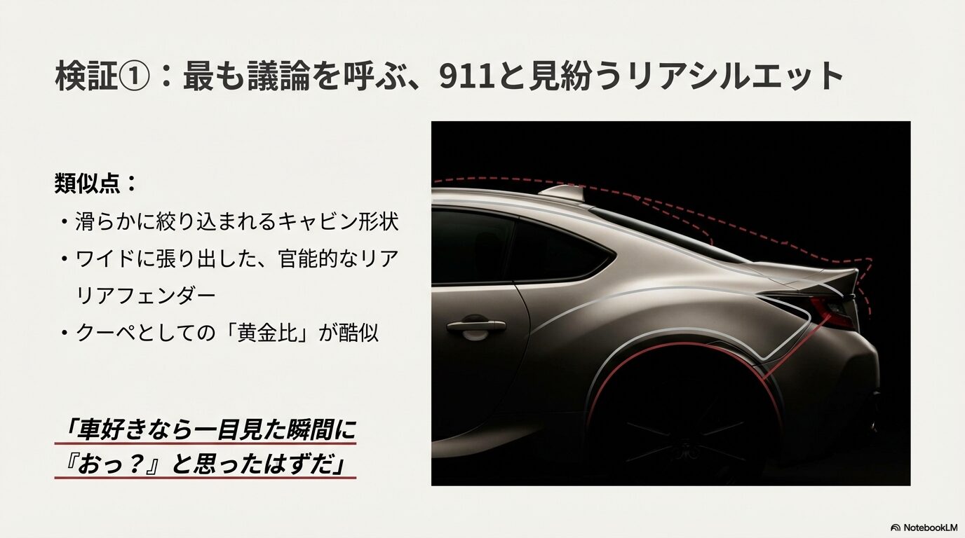 ポルシェ911とプレリュードのリアフェンダーおよびキャビン形状のシルエット比較