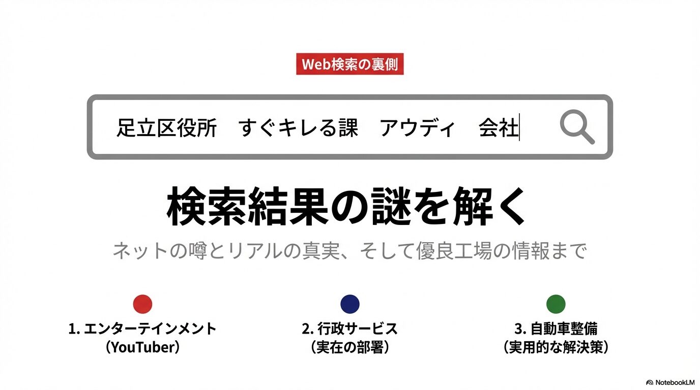 足立区役所、すぐキレる課、アウディ、会社という一見無関係な単語が並ぶ検索背景の解説画像