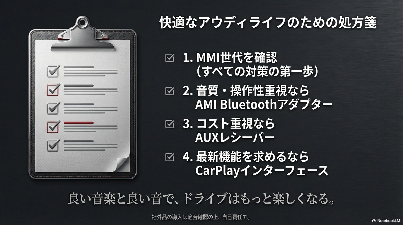 アウディで音楽を聴くためのMMI世代別解決策まとめチェックリスト
