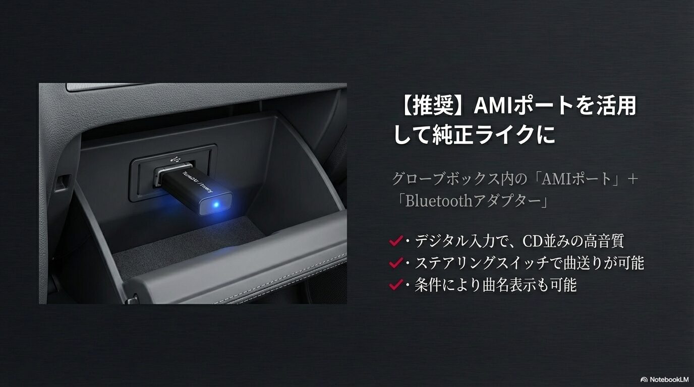 アウディのグローブボックス内AMIポートにBluetoothアダプターを接続する様子