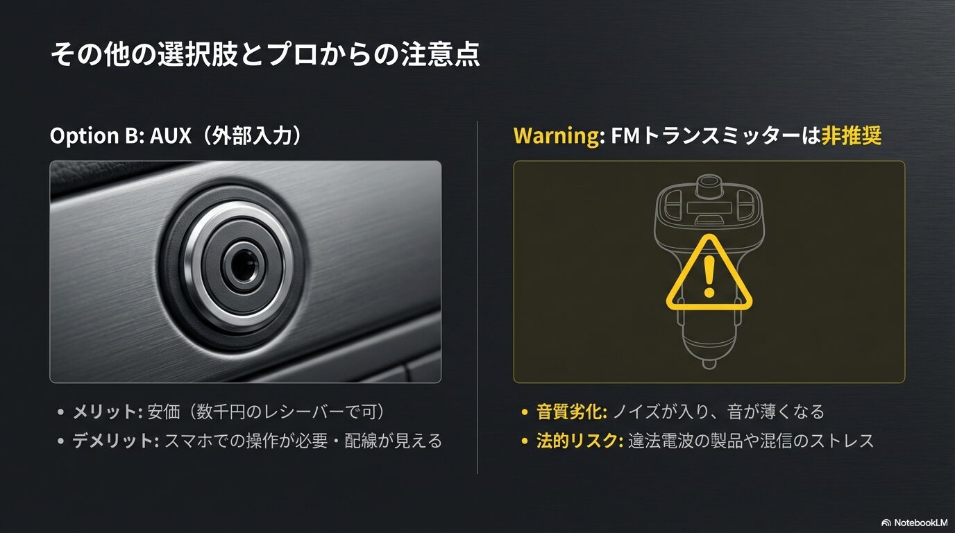 AUX端子の活用とFMトランスミッターの音質・法的リスクの警告