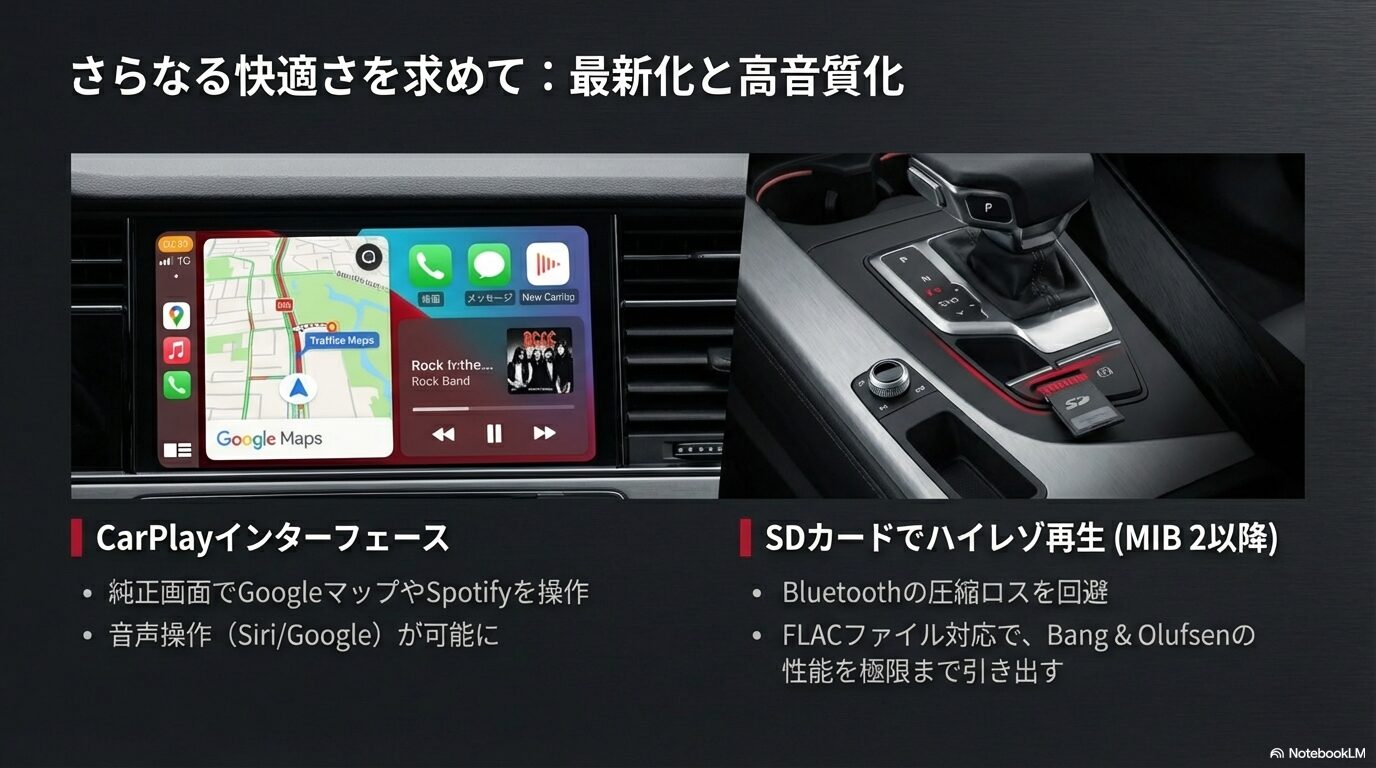 アウディ純正画面でのApple CarPlay表示とハイレゾ再生用SDカードスロット