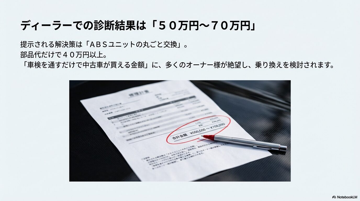 アウディディーラーでのABSユニット交換修理見積書50万円〜70万円