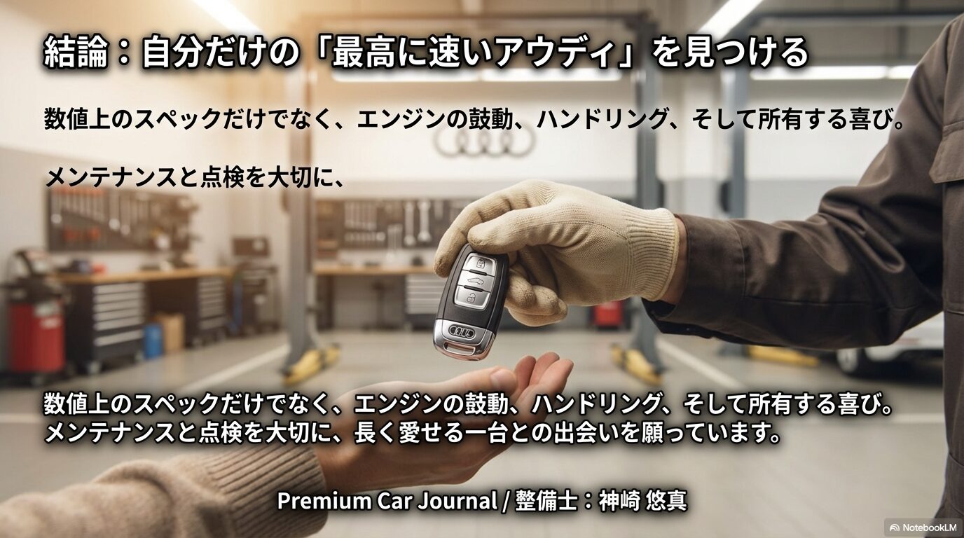 整備士神崎悠真からの結びのメッセージ。数値上のスペックだけでなく五感で楽しむアウディ選びとメンテナンスの重要性。