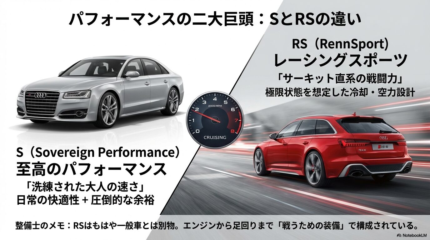 アウディRSとSの違いを解説するスライド。RSはレーシングスポーツでサーキット直系の戦闘力、Sは至高のパフォーマンスで洗練された大人の速さを象徴。