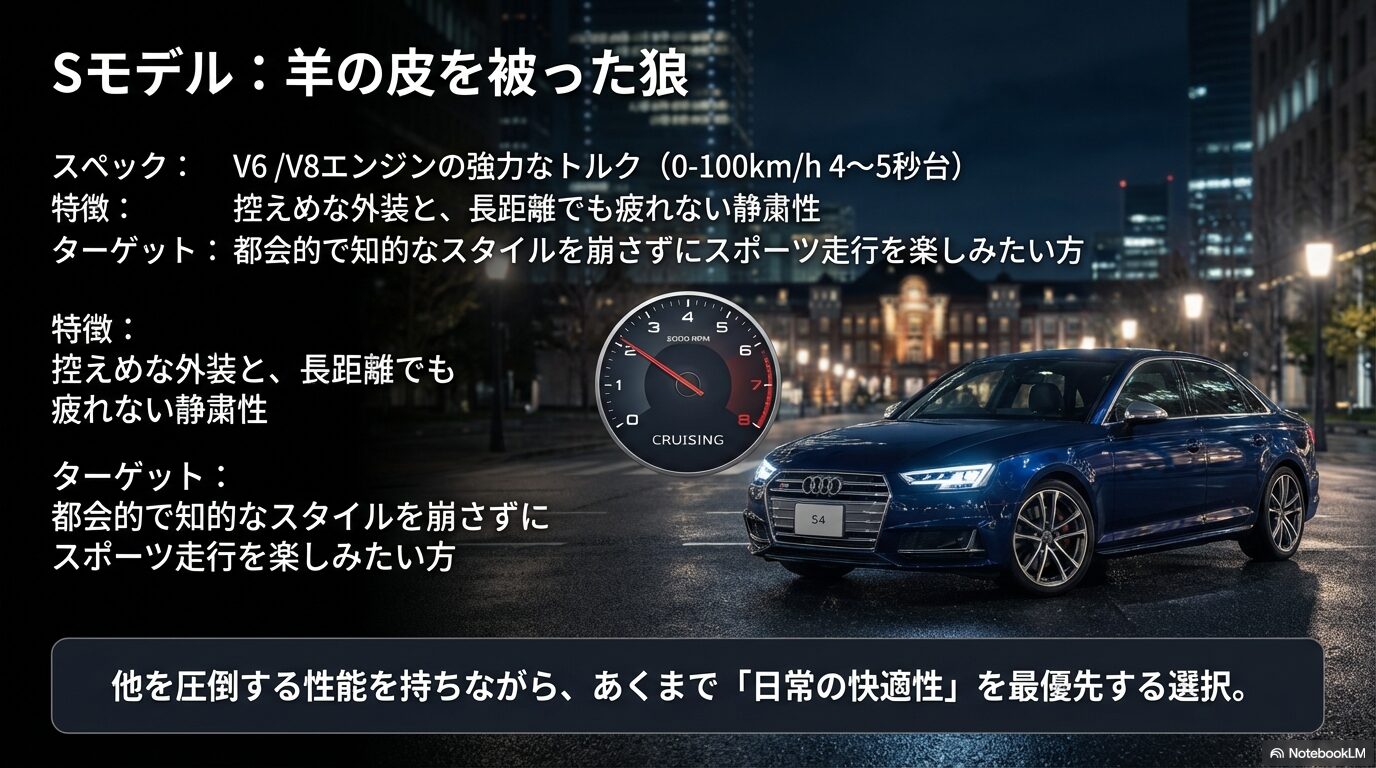 アウディSモデルの特長を解説するスライド。V6/V8エンジンの強力なトルクと長距離でも疲れない静粛性がターゲット層に最適。