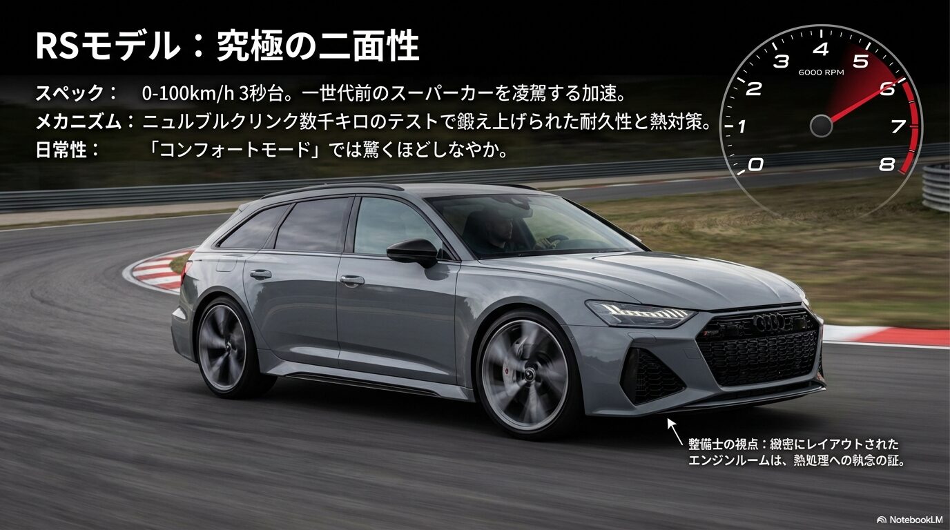 アウディRSモデルのスペックとメカニズムを解説するスライド。ニュルブルクリンクでのテストや熱対策が施されたエンジンルームの視点。