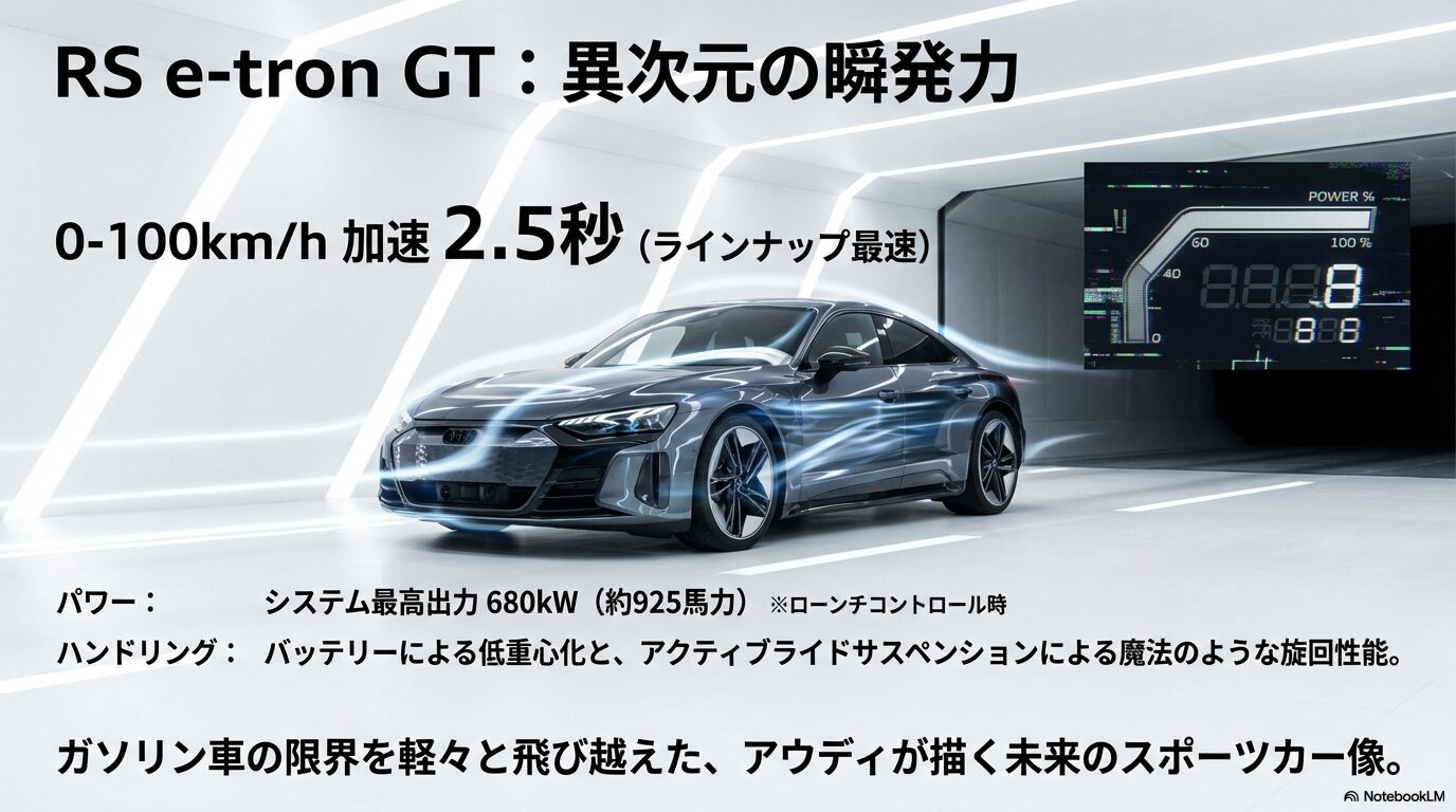 RS e-tron GTのスペック解説スライド。0-100km/h加速2.5秒、最高出力680kWを誇るアウディの未来のスポーツカー像。