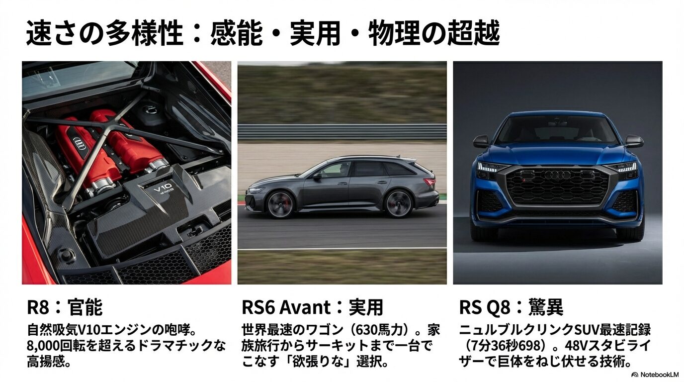 アウディR8の官能、RS6の実用、RS Q8の驚異的な性能を比較したスライド画像。