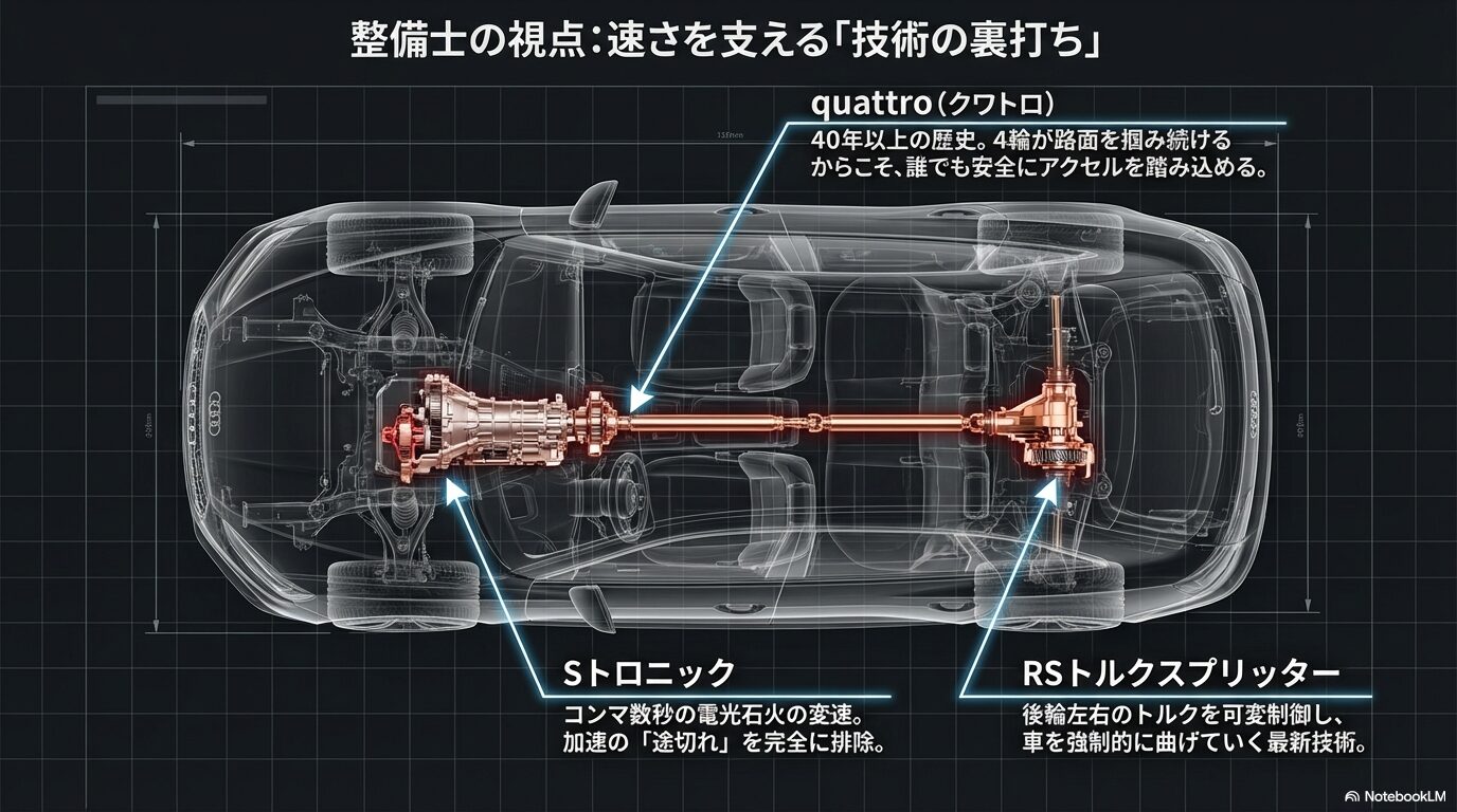 アウディのシャーシ解剖図。クワトロシステム、Sトロニック変速機、RSトルクスプリッターの配置と機能解説。
