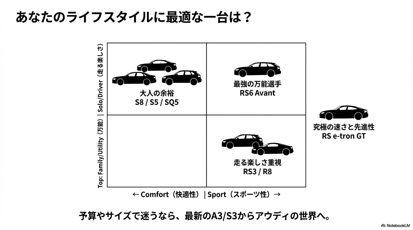快適性とスポーツ性、万能性と楽しさの軸でアウディ各車種をプロットしたポジショニングマップ。