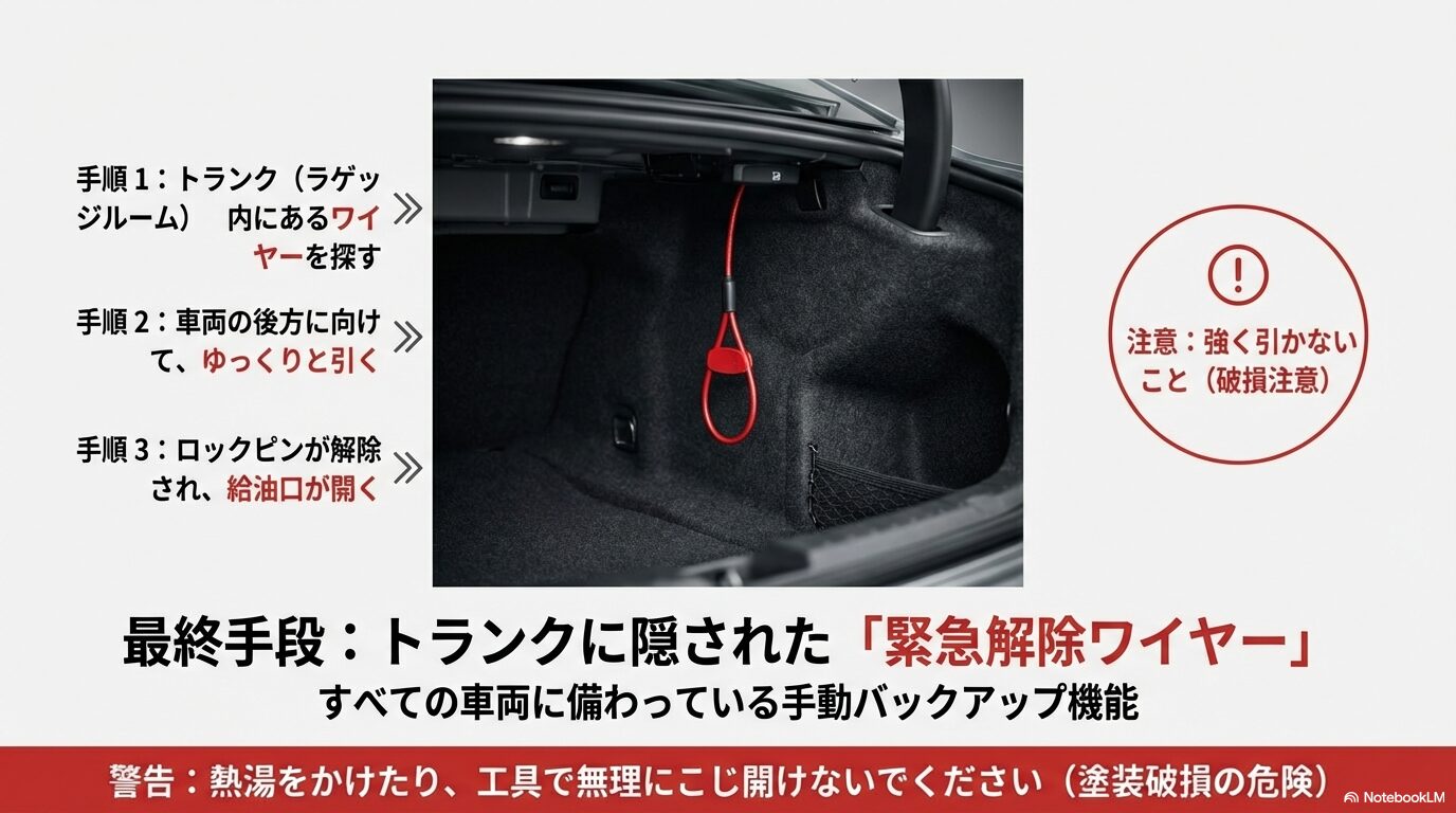 アウディのトランク内に隠されている赤い緊急解除ワイヤー。車両後方にゆっくり引くことで手動解除が可能。