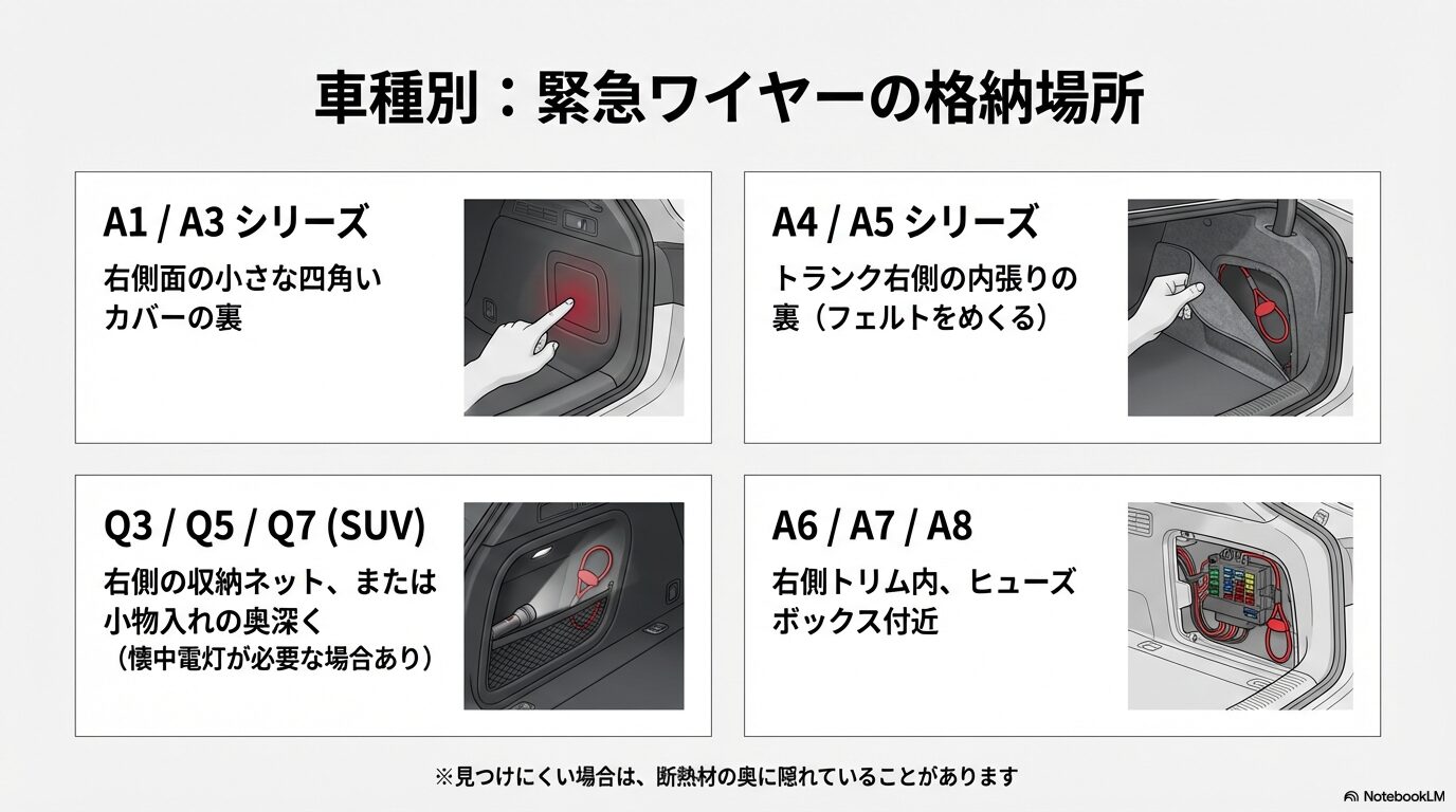 A3、A4、Q5、A6などアウディの車種別に異なる緊急解除ワイヤーの格納場所。カバーの裏やフェルト内張りの解説。