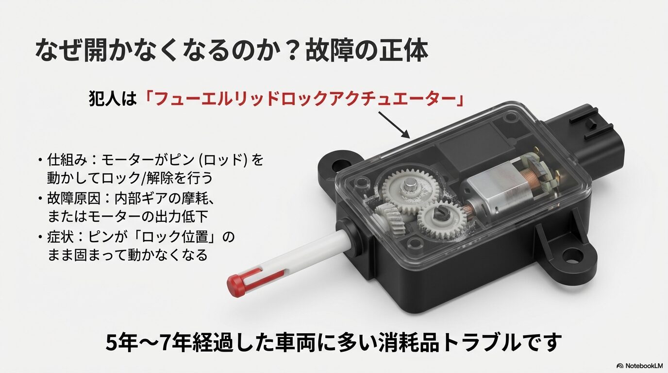 アウディの給油口ロックを駆動するアクチュエーター内部のモーターとギアの仕組み。摩耗や出力低下が故障の正体。