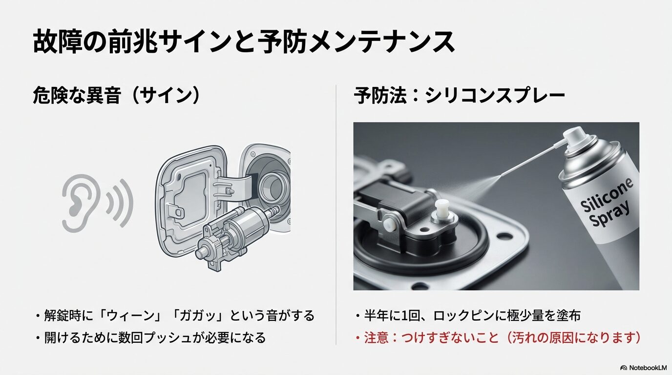 半年に1回、アウディの給油口ロックピンにシリコンスプレーを塗布して故障を予防するメンテナンス方法。