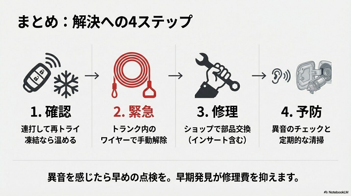確認、緊急解除、修理、予防の4つのステップでまとめたアウディ給油口トラブルの解決ガイド。