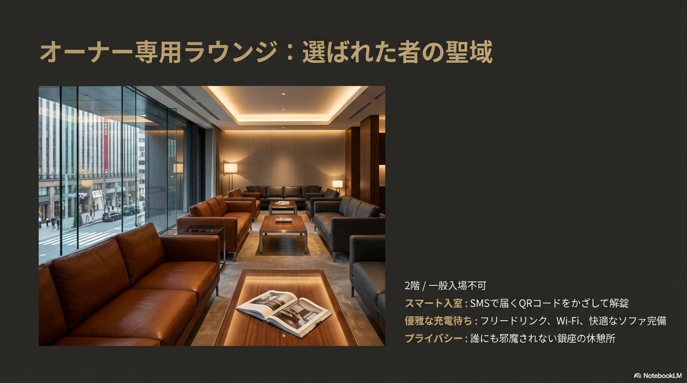 アウディシティ銀座2階にあるオーナー専用ラウンジのソファ席