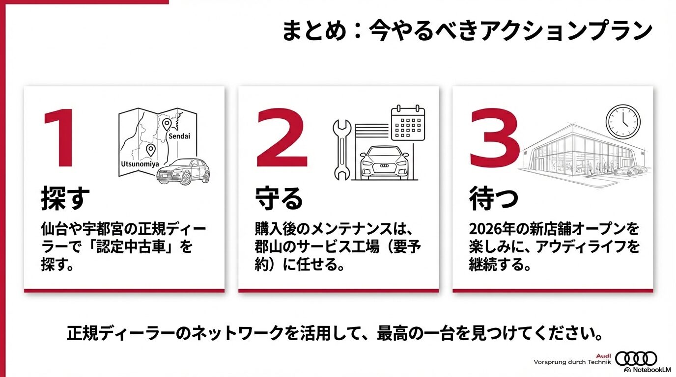 認定中古車を他県で「探す」、郡山で「守る(点検)」、2026年の新店舗を「待つ」という3つのアクションプランのまとめ
