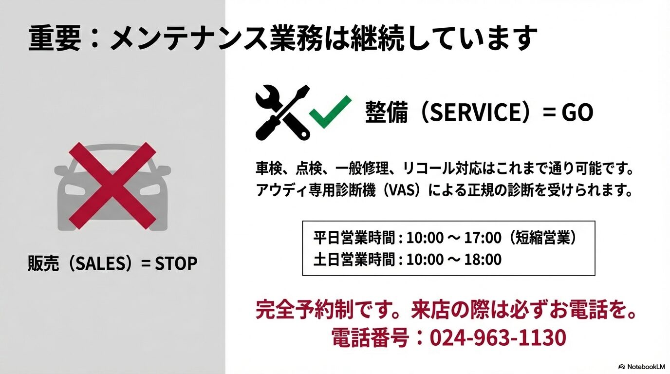 販売業務は停止しているが、車検や一般修理、リコール対応などのサービス業務は継続していることを示すアイコン
