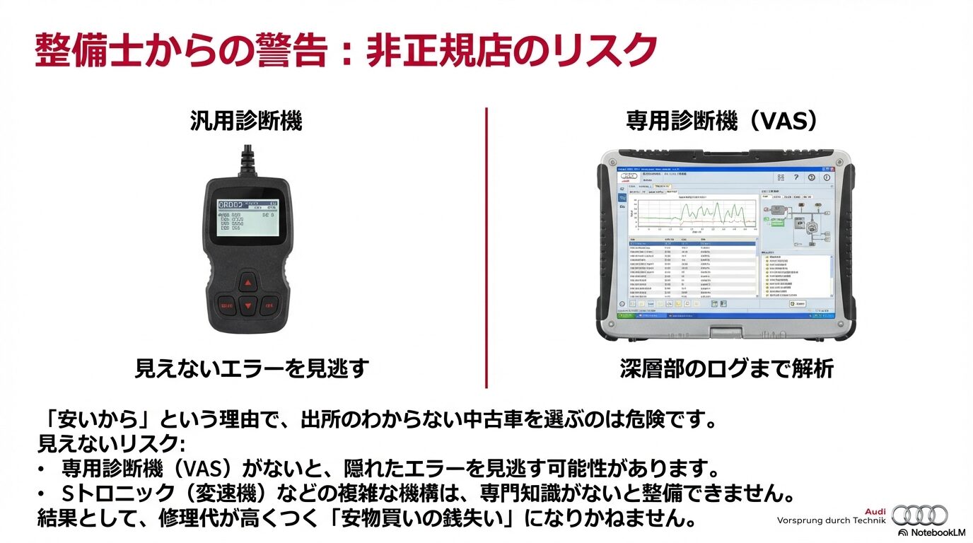 汎用診断機と専用診断機VASの比較。専用機でなければアウディ深層部のログ解析や隠れたエラーは見逃すリスクがあることを示す解説