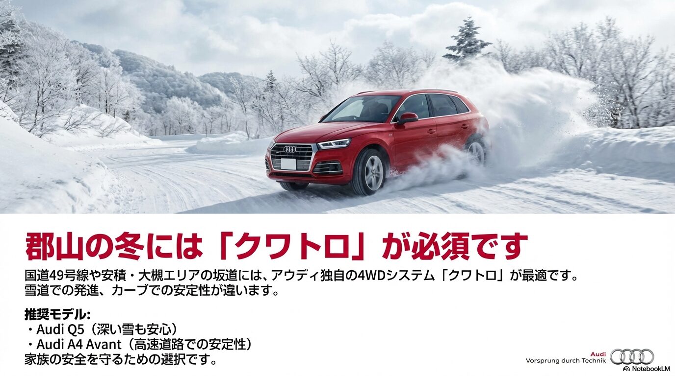 雪道での発進やカーブで圧倒的な安定性を誇るアウディ独自の4WDシステム「クワトロ(quattro)」の走行イメージ