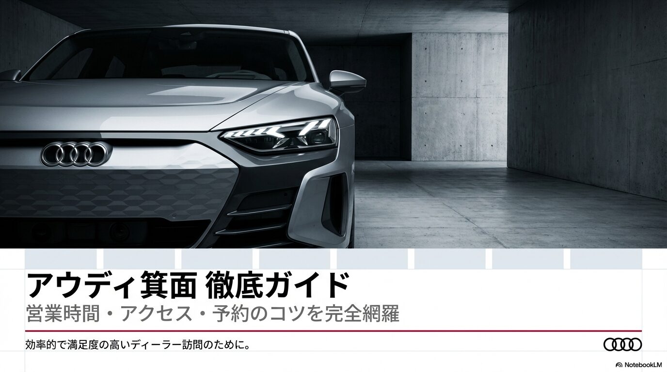 アウディ箕面の営業時間、アクセス、予約のコツを網羅したスマートガイドの表紙画像。