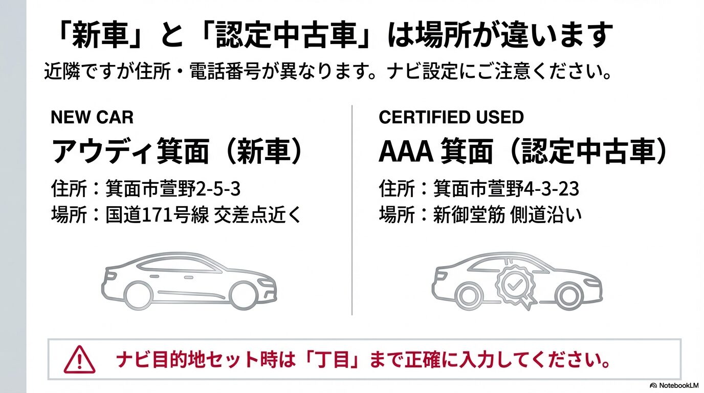 新車ショールーム（萱野2丁目）と認定中古車センター（萱野4丁目）の住所と場所の違いを説明するガイド。