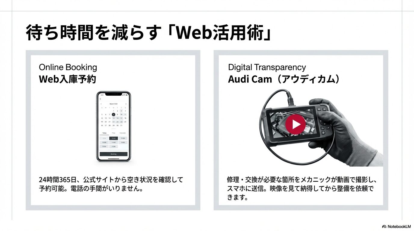 24時間365日予約可能なWeb予約と、修理箇所を動画で確認できるAudi Cam（アウディカム）のサービス紹介。