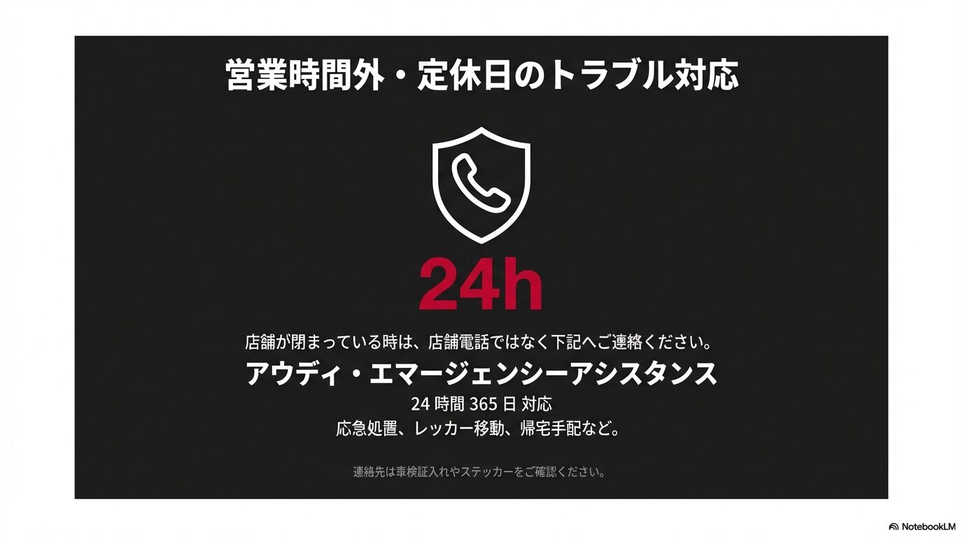 営業時間外や定休日のトラブルに24時間365日対応するエマージェンシーアシスタンスの案内。