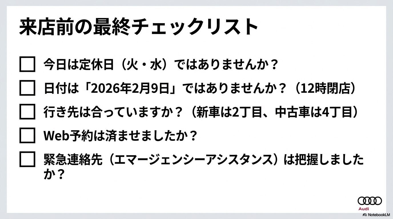 定休日、短縮営業日、目的地の確認、Web予約の有無など、来店前に確認すべき5つのチェック項目。